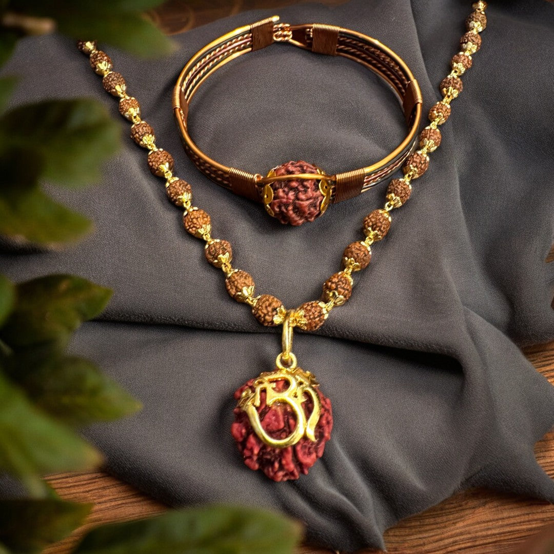 Pure Copper Rudraksha Bracelet + Rudraksha OM Sree Necklace (COMBO)